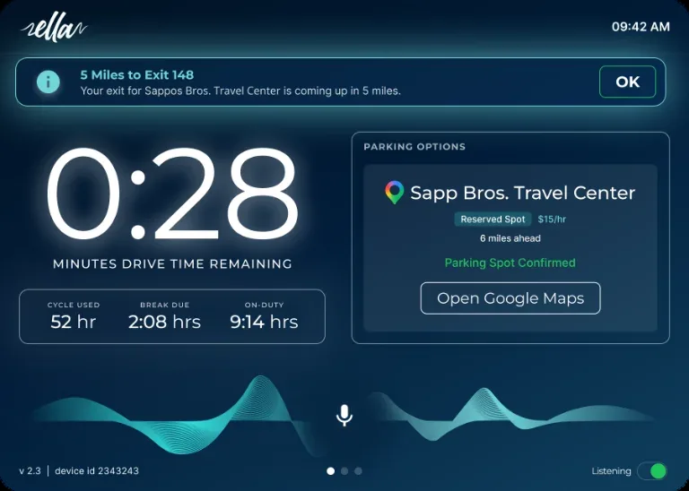 E.L.L.A. on the tablet suggesting parking as available drive time runs low