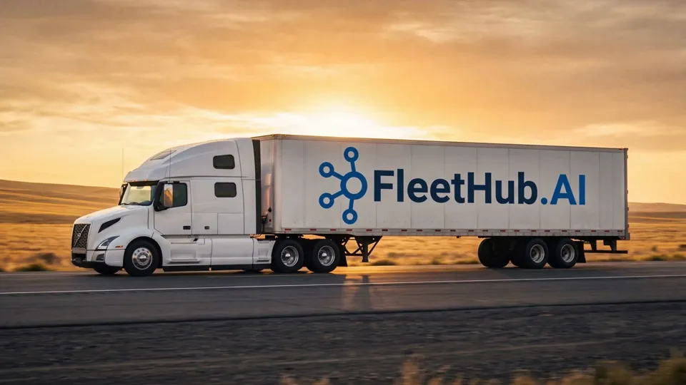 A FleetHub.AI tractor-trailer with the FleetHub.AI logo on its trailer, on the highway at sunset