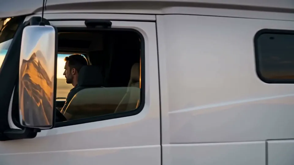 A driver at the wheel of a truck in late-afternoon light, with a FleetTab mounted on the dash