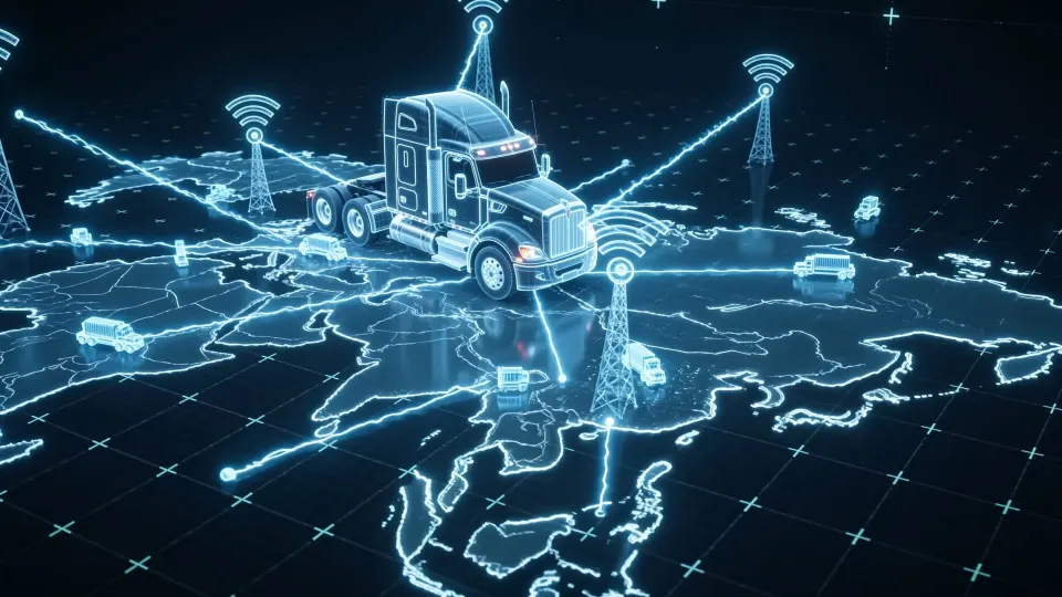 A digital map with a fleet of connected vehicles and cell towers drawn in blue light